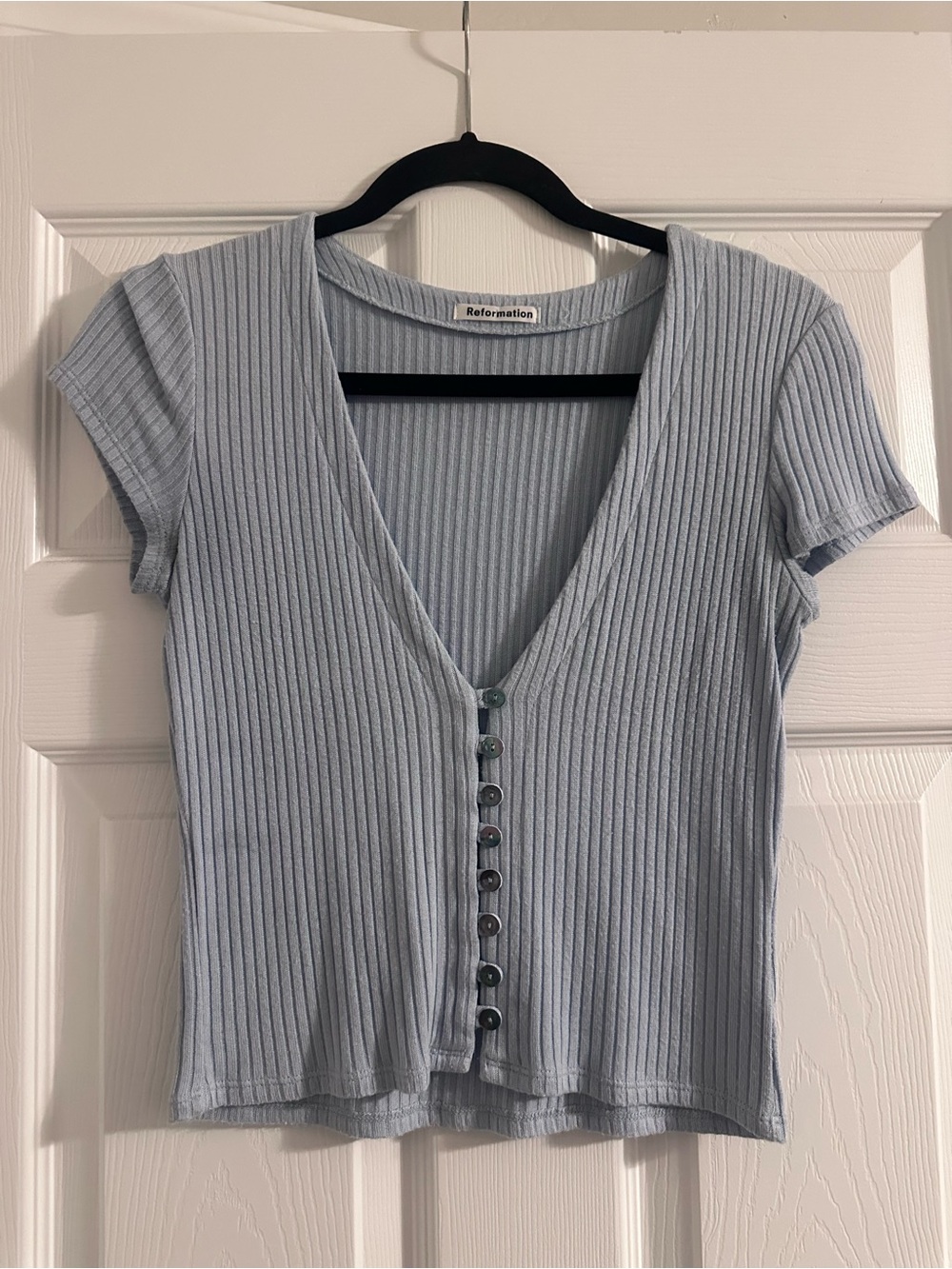 Reformation Pale Blue Ribbed V-Neck Button Front Tee